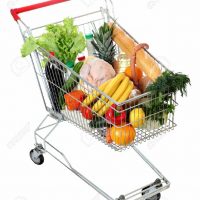 filled shopping trolley, grocery trolley filled with food